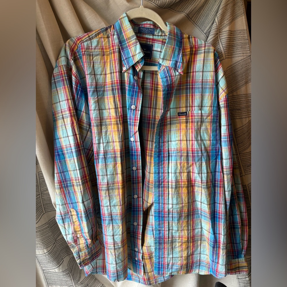 Faconnable Men's XL Multicolor Plaid Shirt. Made in USA